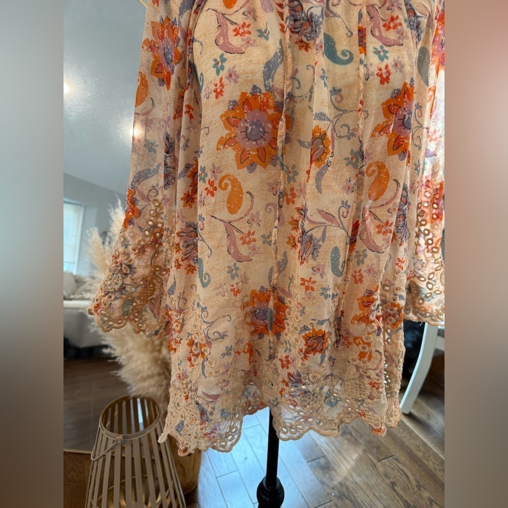 Floral Crochet-Trim Peasant Top - Pink, Orange, Blue. - Picture 2 of 10